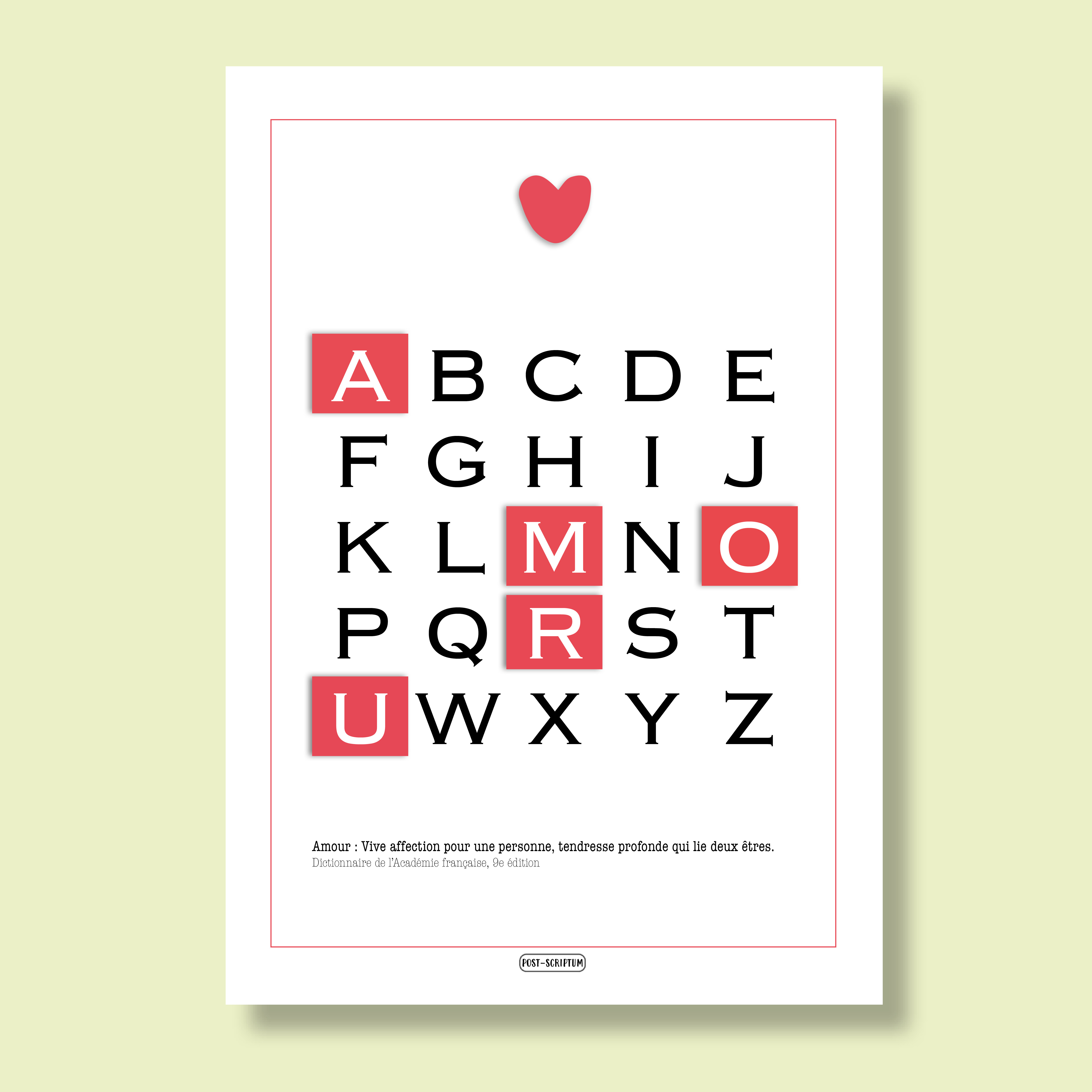 Affiche AMOUR — Une affiche A4 avec le mot « AMOUR », visuellement soignée, illustrant le service Graphisme/PAO.