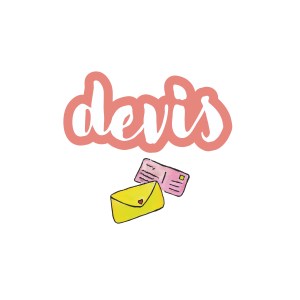 Bouton "Devis" — Icône carrée avec le mot « devis », une enveloppe jaune et deux lettres stylisées façon dessin. Lien vers le formulaire de contact.